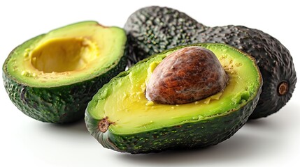 Avocado halves with a glossy seed and creamy flesh, symbolizing freshness and healthiness, on a clean white background