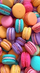 Fototapeta na wymiar Brightly colored macarons in macro, whimsical arrangement