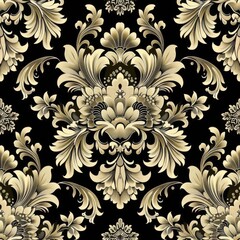 Golden Floral Damask Pattern on Black Background
