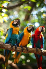 Colorful parrots in a rainbow forest, macro, bright theme
