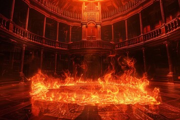 Hells courtroom, where souls are judged, lit by a ghastly fire