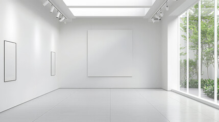 empty big white poster mockup gallery with white wall room ,empty white blank frame banner design with spotlight