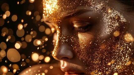 A close-up of a woman with a gold glitter makeover, her face artistically fragmented into shimmering pieces Golden hues reflecting light, AI Generative