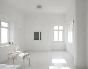 Interior design with neat table and large window in white room. 