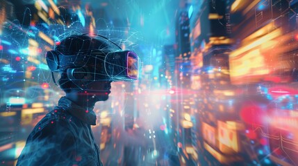 A conceptual image of a user exploring the Metaverse, wearing a VR headset Background filled with various virtual world elements, AI Generative