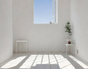 Interior design with two supports, pots and large windows in a white room.
