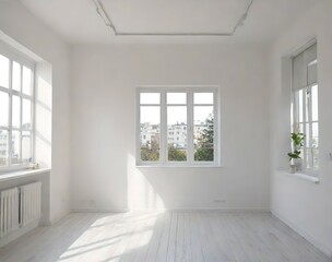 1. Home interior design of a room with white rooms and sun-lit windows as empty. 