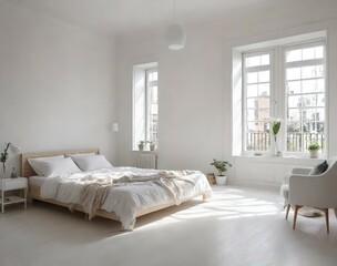 A neat bed in a white room and interior design with a single sofa and a large window. 