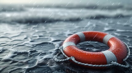 A depiction of a robust lifebuoy in the foreground, symbolizing survival and support during hurricane and flood losses, AI Generative
