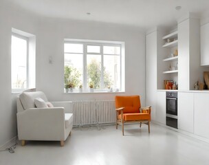 Interior design with chairs and sofas and large windows in white room. 