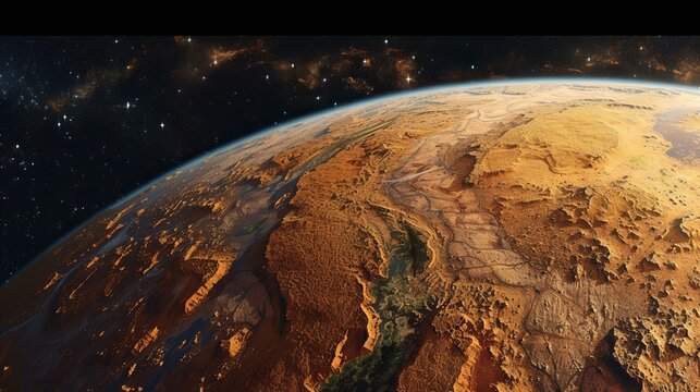 A digital painting depicting a wide view of Earth from space, showing a dry, waterless planet with intricate geological features Created Using digital painting, detailed geology, AI Generative