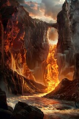 The gates of hell opening, a river of fire flowing out - obrazy, fototapety, plakaty