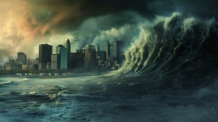 A powerful tsunami approaching a coastal city, AI Generative - obrazy, fototapety, plakaty