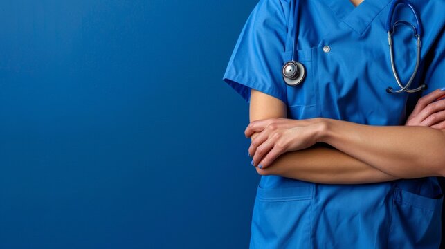 A doctor in medical blue scrubs holding a stethoscope, standing against a blue background that symbolizes the depth and tranquility of medical care. The image portrays professiona, AI Generative
