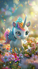 Cute 3D unicorn prancing in a rainbow field