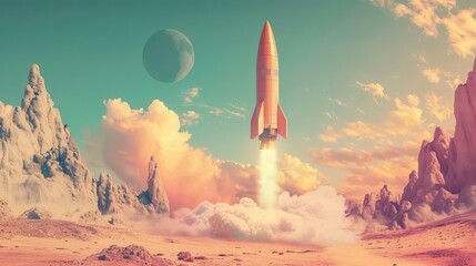 A vintage-style rocket, reminiscent of classic sci-fi, launching from an otherworldly landscape with retro colors and styling Created Using vintage sci-fi art style, AI Generative