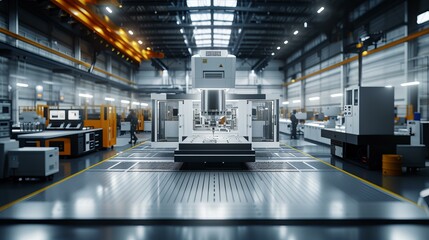 A wide-angle view of a high-precision CNC machine tool in a modern manufacturing facility Emphasis on the scale of the machine within the industrial environment, AI Generative