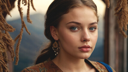 Fototapeta premium Close-up portrait of a beautiful young brown-haired girl with blue eyes.