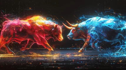 Zelfklevend Fotobehang Abstract bear and bull clash, symbols of crypto's volatility, dynamic forms in digital brushstrokes, neon against shadow, light plays over the financial titans, AI Generative © sorapop
