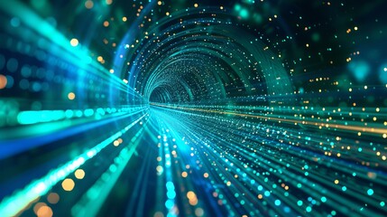 Obraz premium An abstract representation of high-speed digital technology with a vibrant blue and green background Imagery of nano-scale cyber information, interconnected data lines, AI Generative