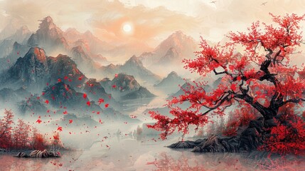 Ancient Chinese red ink landscape, traditional painting, textured paper, AI Generative - obrazy, fototapety, plakaty