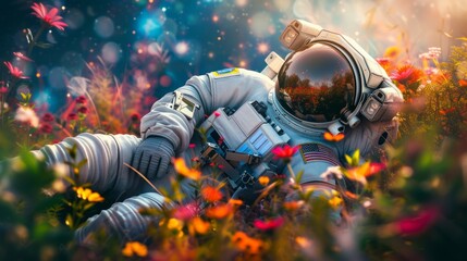 An 8k realistic astronaut in mystical galaxy lie down relaxed on a field of vivid flowers and trees, AI Generative - obrazy, fototapety, plakaty