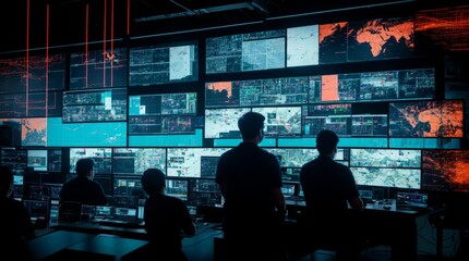 Individuals tracking data on multiple screens in tech room 