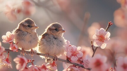 baby sparrows in bloom, surrounded by pink petals, garden delight, sunny May, enchanting, detailed, soft focus, AI Generative