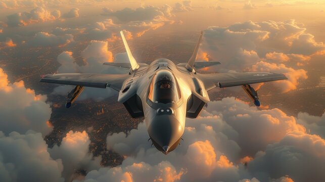 An overhead view of an F35 flying in the sky with clouds and a cockpit visible, AI Generative