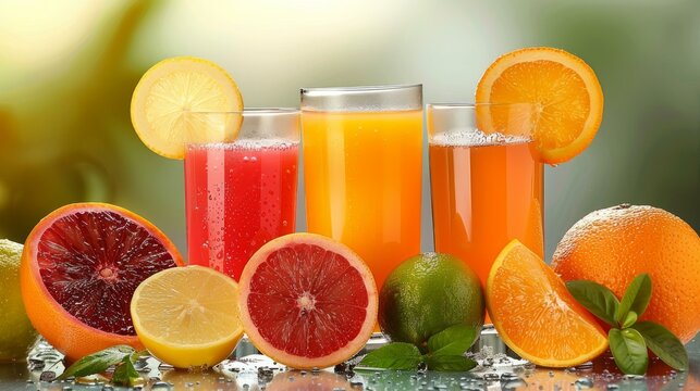 Assortment of fresh citrus juices, alongside sliced orange, grapefruit, lemon, and lime, a refreshing sight of natural vitality, isolated against white, AI Generative