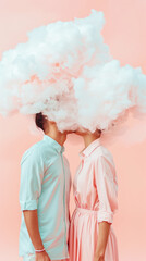 Young couple kisses with white cloud on their head and face on light sky background. Fashion blog concept. Generative AI