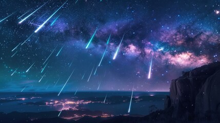 Captivating wide-format illustration of a heavenly sky, alive with a dazzling meteor shower and shooting stars, AI Generative