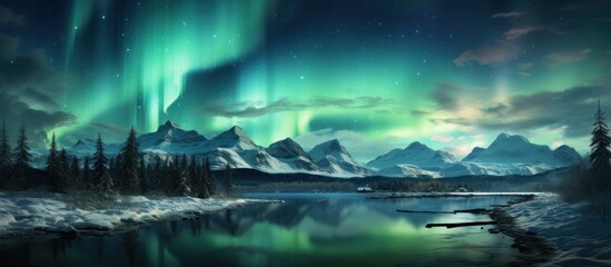 Aurora borealis. Northern lights in winter forest.