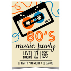 80s retro music party banner or poster with a compact audio cassette mixtape on the background. Vector invitation leaflet or flyer for the eighties music concert, disco dance live event at nightclub.