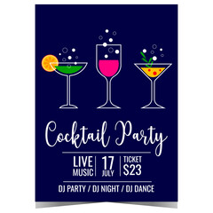 Cocktail party banner or poster template for networking or business reception with aperitif and alcohol drinks. Vector invitation leaflet or flyer with glasses full of various beverage with bubbles.