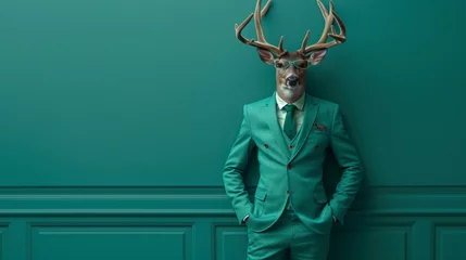 Tuinposter Deer with flair, suited in hipster style, sunglasses on, boss of Christmas, pastel teal green elegance, holiday creativity unleashed, AI Generative © sorapop