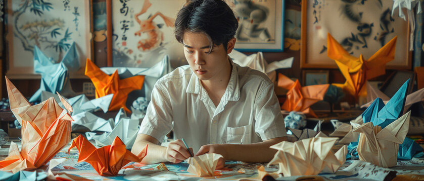 An artist folding intricate origami figures from colorful paper in a serene setting, showcasing a variety of animals and geometric shapes, with traditional Asian motifs and fabrics