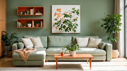 Inviting space with green couch, plant features, and botanical artwork 