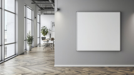 empty white blank poster in an office, 
white board hung in a room with wooden floors and walls in modern office
