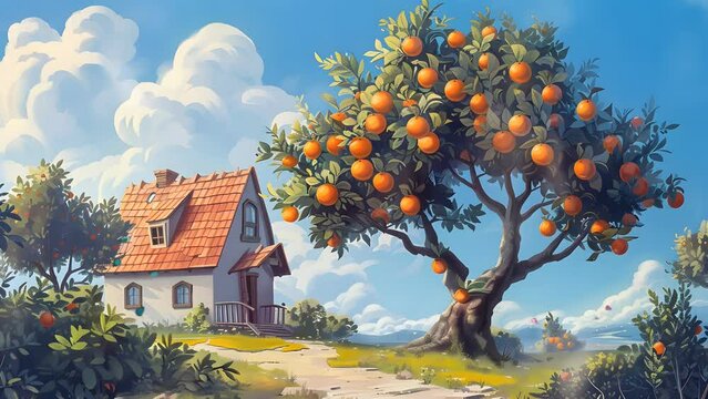  House with a vivid orange tree garden in the front. Seamless Looping 4k Video Animation