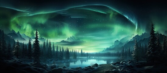 Aurora borealis over the frosty forest - obrazy, fototapety, plakaty