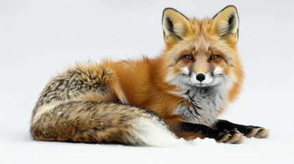 Obraz premium Red fox in winter, poised in the snow, its bushy tail and vibrant fur against a stark white background, a captivating portrait of wilderness survival in Algonquin Park, AI Generative