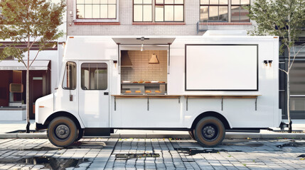 white food  truck  on the road,
a white mobile food trailer parked in a street,