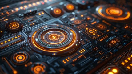 Fototapeta premium Sleek futuristic UI, holographic interfaces with neon accents, bustling cybernetic city backdrop, night, neon-lit ambiance, soft glows and sharp contrasts, AI Generative