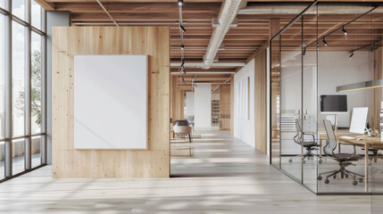 empty white blank poster on wooden wall  in an office, white board hung in a room in modern office corridor - obrazy, fototapety, plakaty