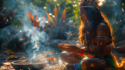 Indigenous medicine woman performing traditional ritual: ancestral shaman burning sacred herbs with mystical smoke in the forest. - obrazy, fototapety, plakaty