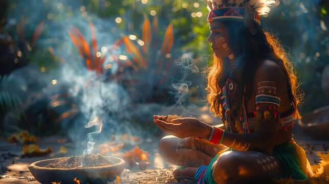 Indigenous medicine woman performing traditional ritual: ancestral shaman burning sacred herbs with mystical smoke in the forest.
