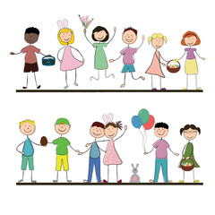 Fototapeta premium Set clip art illustrations with young children on Easter theme.