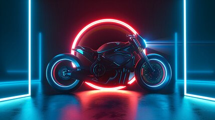 background with bicycle, 3d rendering of a bicycle in neon light on a dark background
