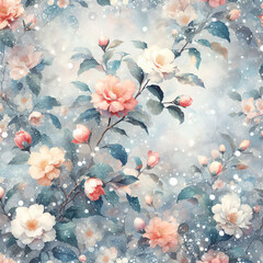 Fototapeta na wymiar 椿の花と雪の水彩画風イラスト